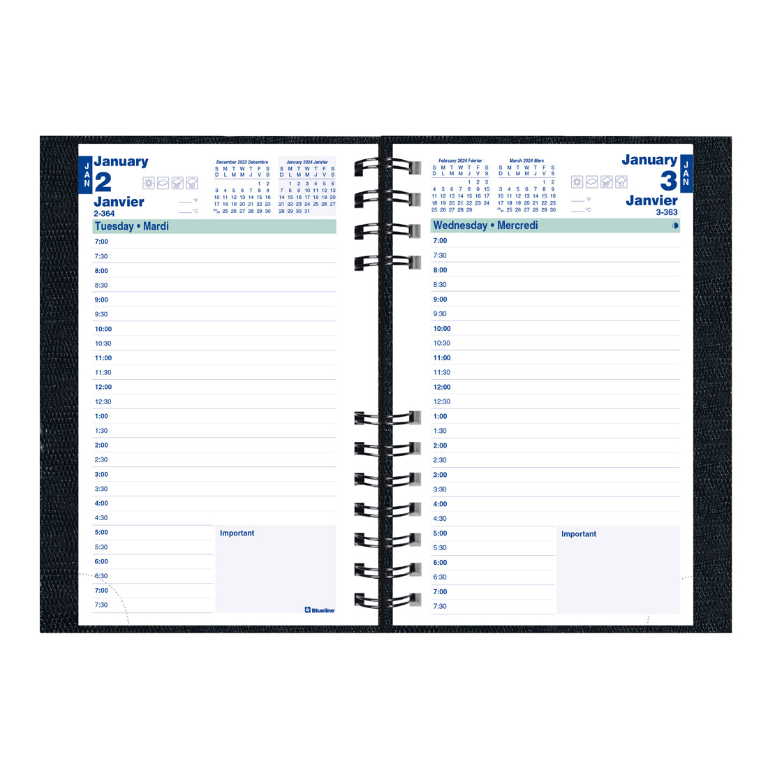 CoilPro Daily Planner 2024, Bilingual, Black
