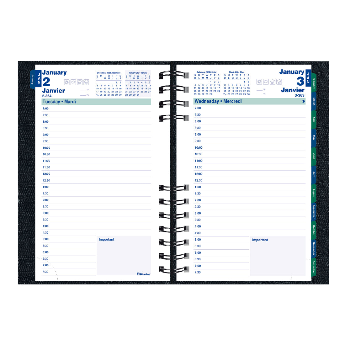 CoilPro Daily Planner 2024, Bilingual, Black