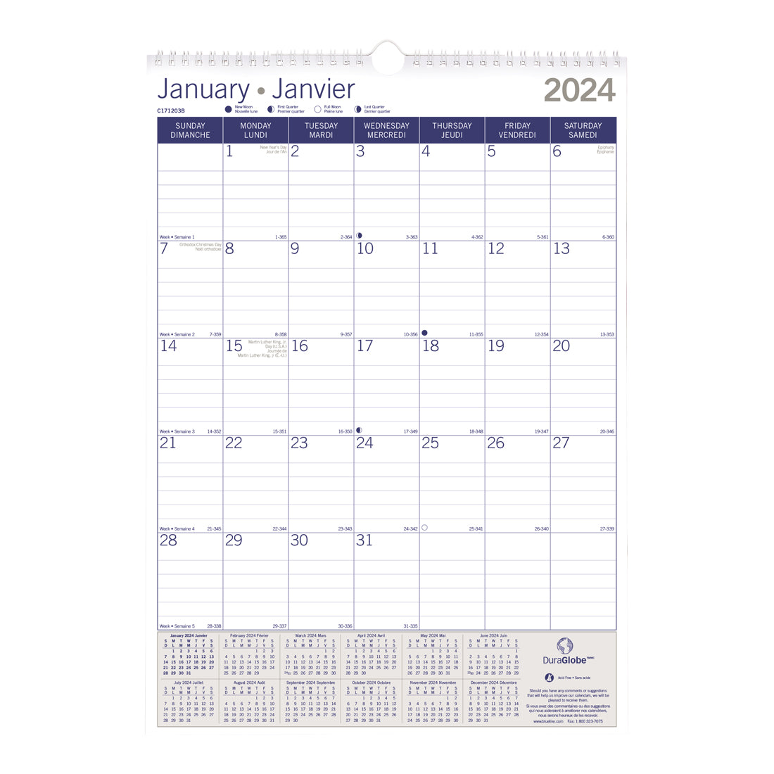 DuraGlobe™ Monthly Wall Calendar 2024, Bilingual - C171203B