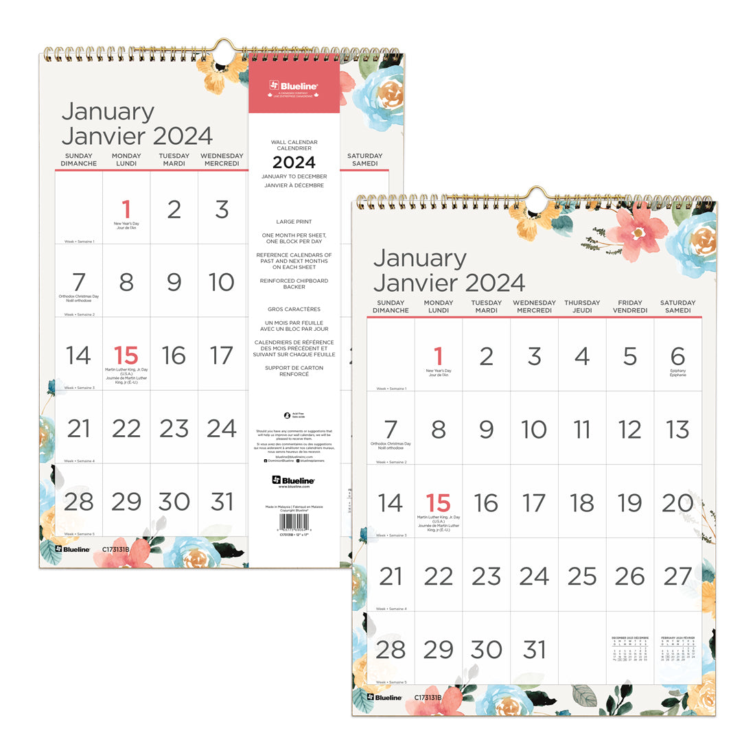 Spring Monthly Wall Calendar 2024, Bilingual