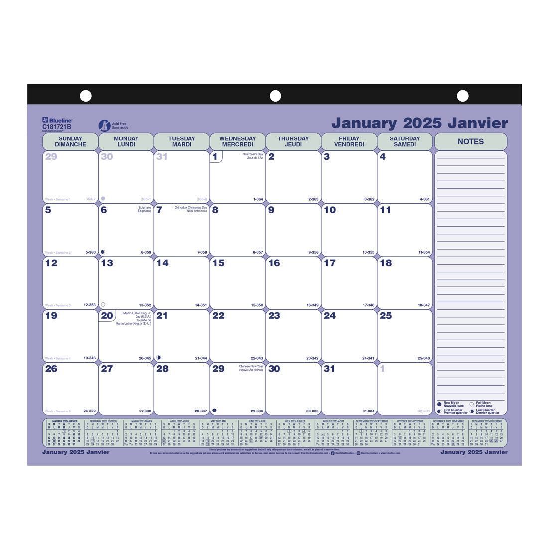 Monthly Desk Pad or Wall Calendar 2025, Bilingual (C181721B25 Blueline Desk Calendar 2025