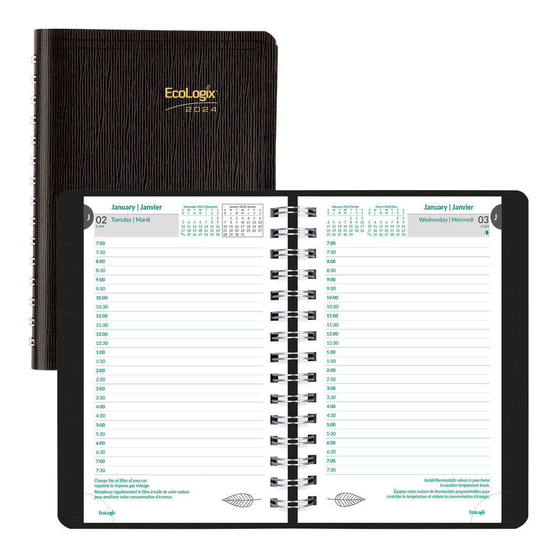 EcoLogix Daily Planner 2024, Bilingual, Black