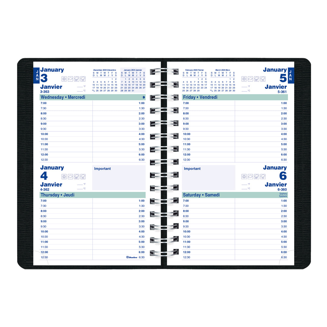 Essential Two-Day Per Page Planner 2024, Bilingual, Black - C5104.81BT