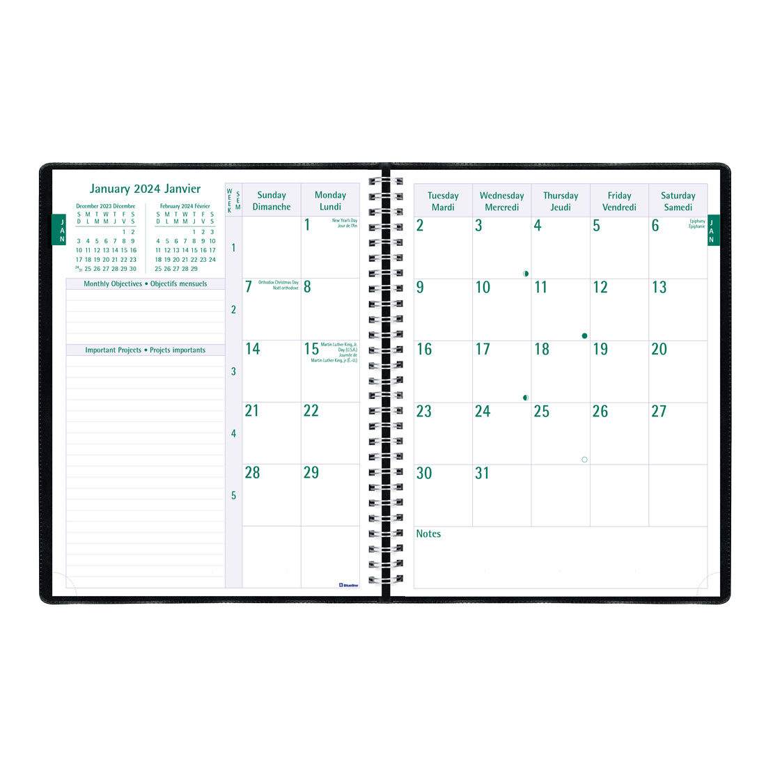 Timanager® Weekly Planner 2024, Bilingual, Black