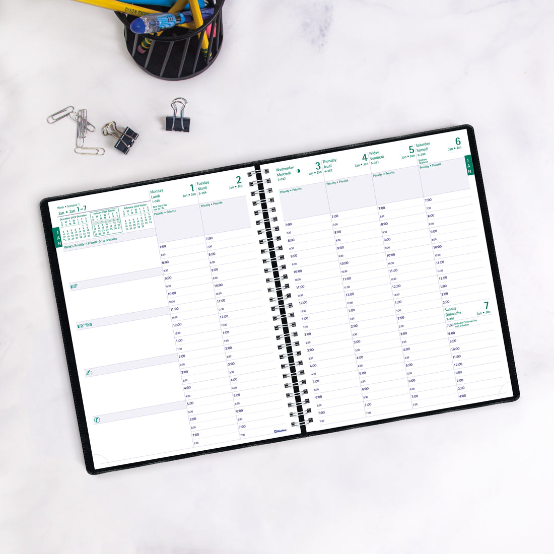 Timanager® Weekly Planner 2024, Bilingual, Black