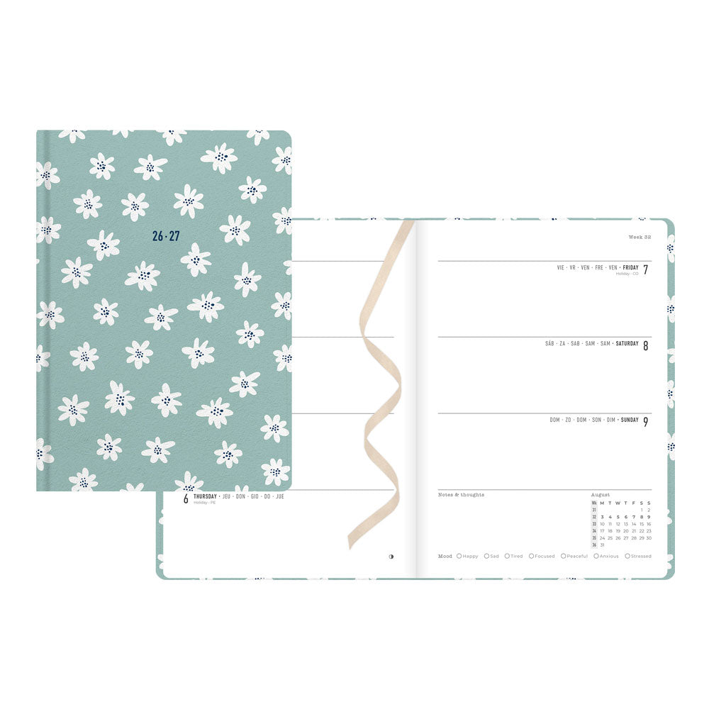 Daisies Academic Weekly Planner, A5, 2026 - 2027 - Multilingual 27-031866 #colour_daisies-mint