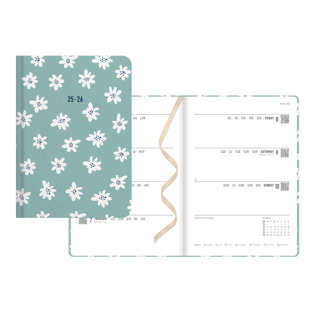 Daisies Academic Weekly Planner, A6, 2026 - 2027 - Multilingual 27-031869 #colour_daisies-mint