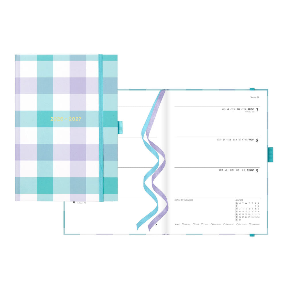 Gingham Academic Weekly Planner, A5, 2026 - 2027 - Multilingual 27-031931 #colour_gingham-aqua