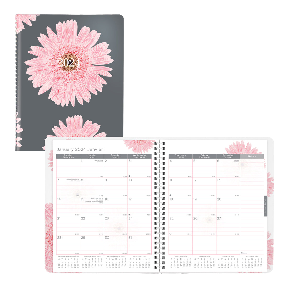 Pink Ribbon Monthly Planner 2024, Bilingual, Pink Daisy Design