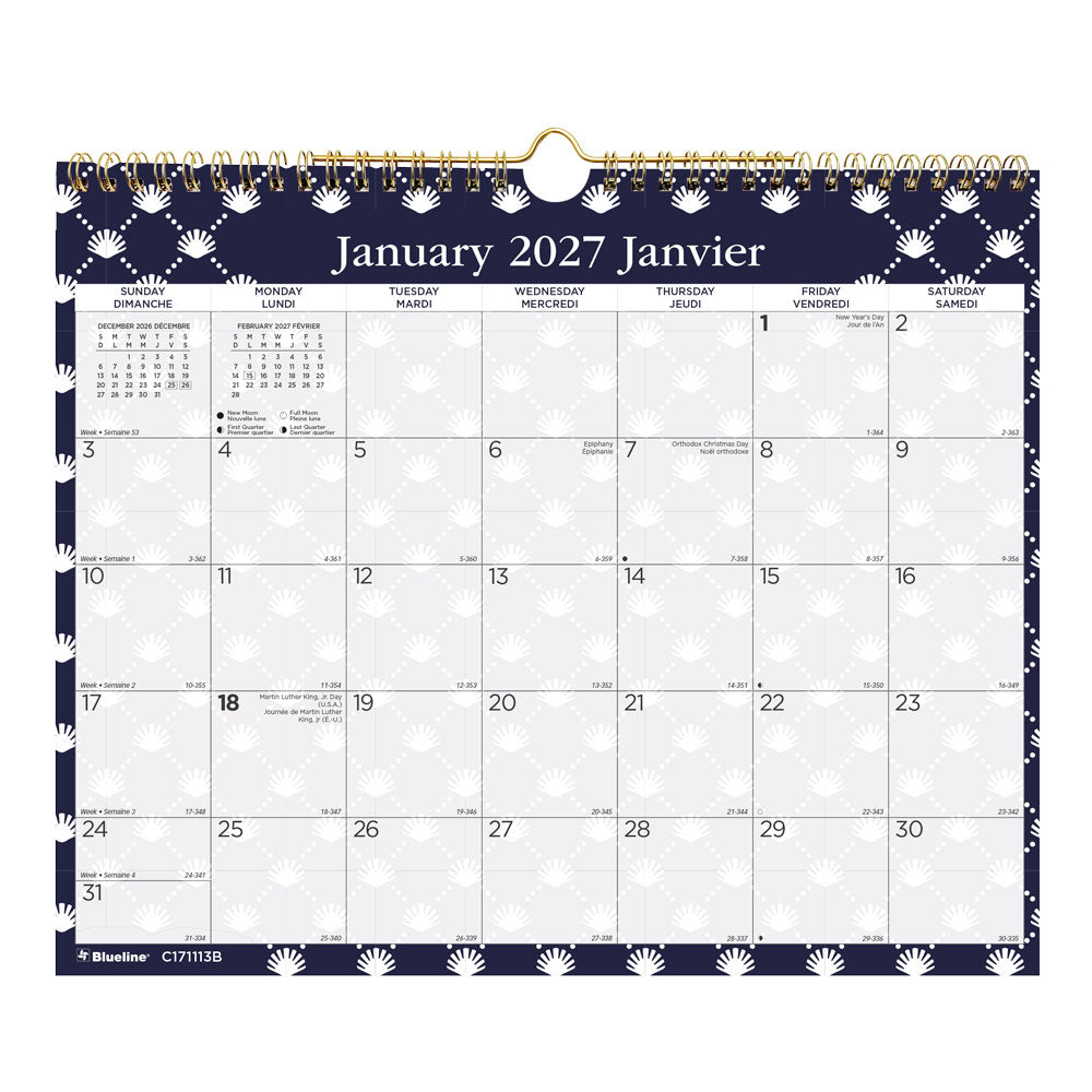 Monthly Wall Calendar, Nautical, Bilingual, 2027 C171113B-27 Blueline C171113B
