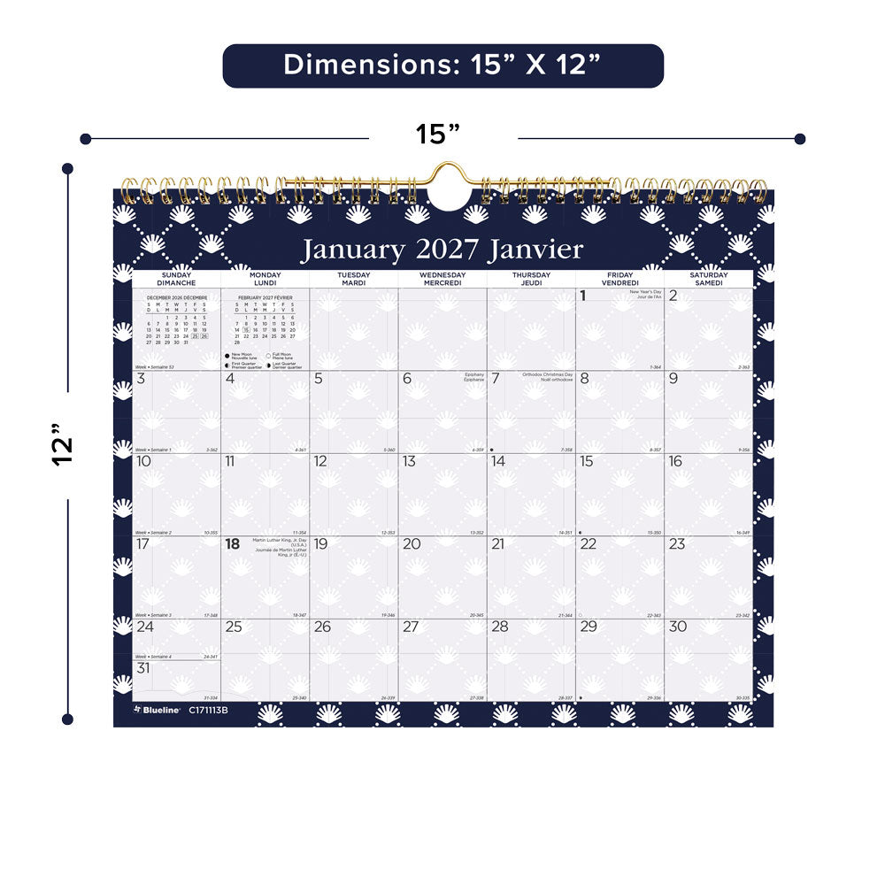 Monthly Wall Calendar, Nautical, Bilingual, 2027 C171113B-27 Blueline C171113B