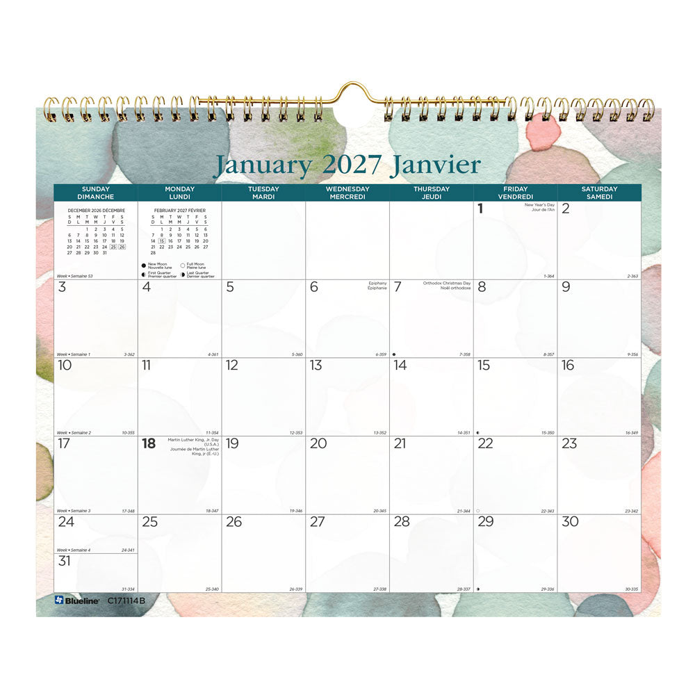 Blueline Monthly Wall Calendar, Splash, Bilingual, 2027 C171114B-27 C171114B