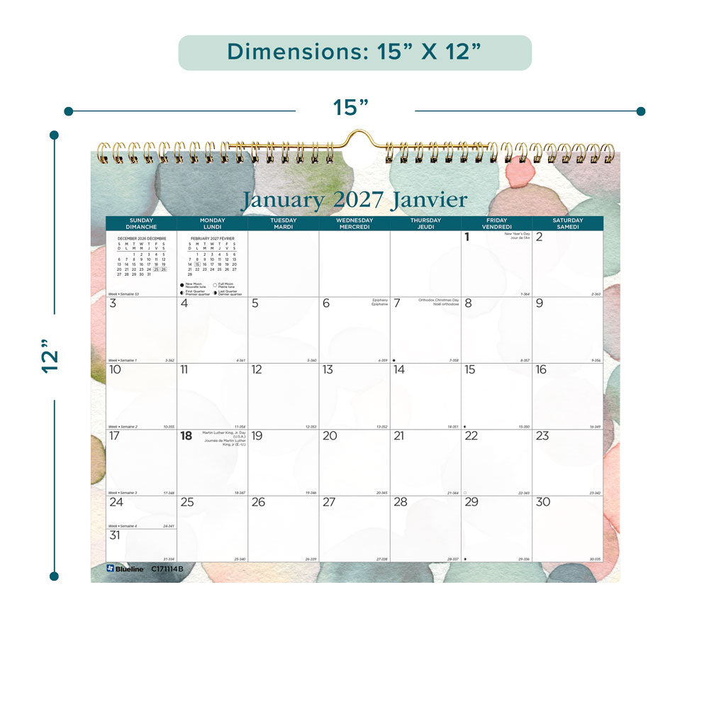 Blueline Monthly Wall Calendar, Splash, Bilingual, 2027 C171114B-27 C171114B