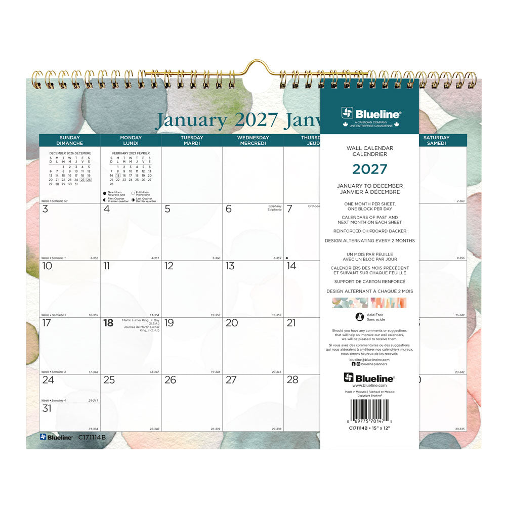 Blueline Monthly Wall Calendar, Splash, Bilingual, 2027 C171114B-27 C171114B