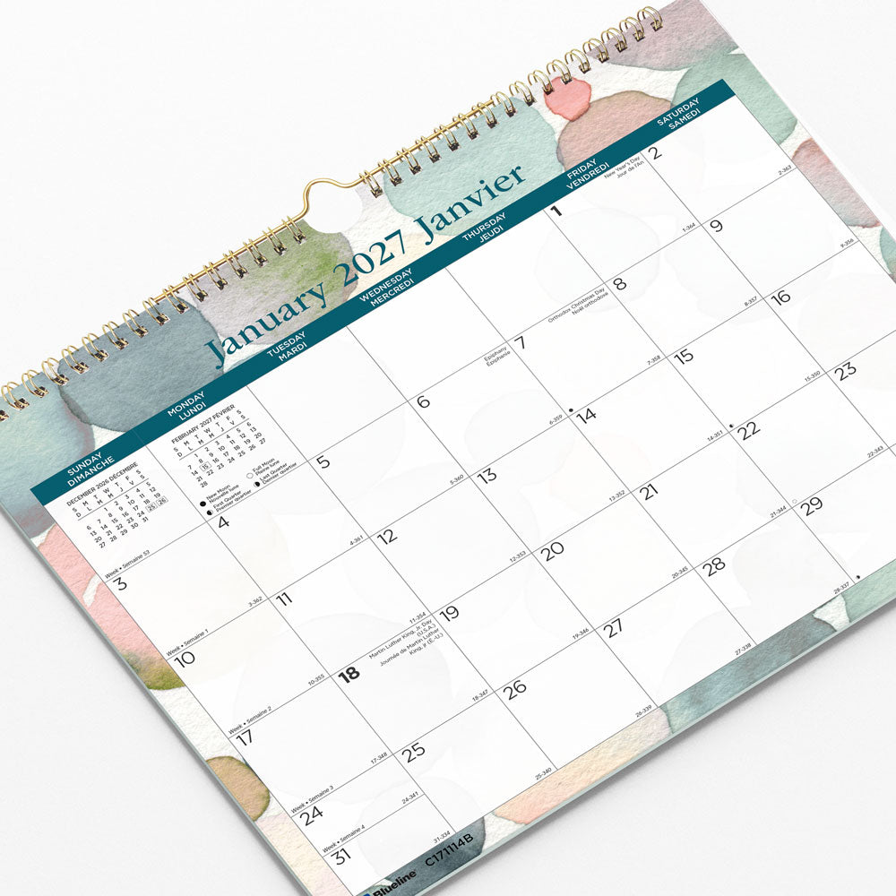 Blueline Monthly Wall Calendar, Splash, Bilingual, 2027 C171114B-27 C171114B