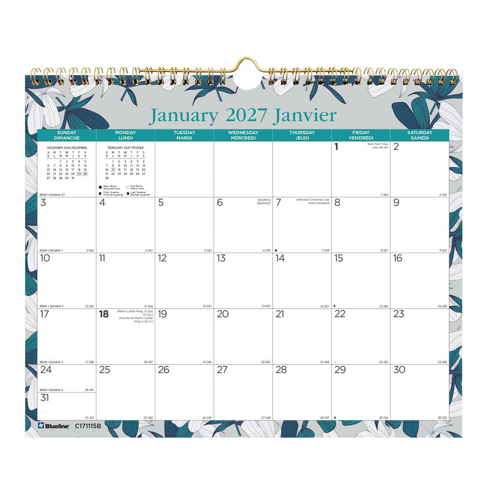 Monthly Wall Calendar, Garden, Bilingual, 2027 C171115B-27 Blueline C171115B