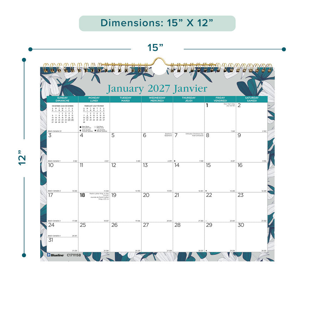 Monthly Wall Calendar, Garden, Bilingual, 2027 C171115B-27 Blueline C171115B