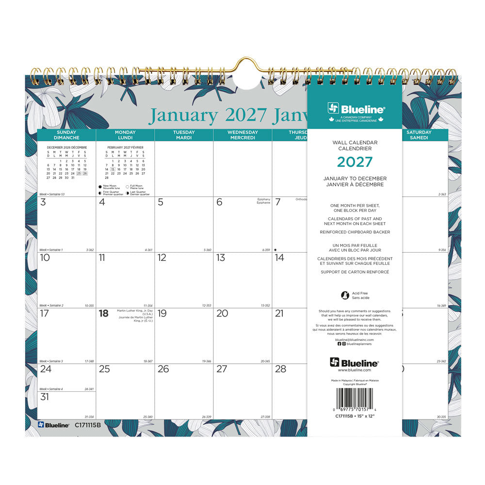 Monthly Wall Calendar, Garden, Bilingual, 2027 C171115B-27 Blueline C171115B