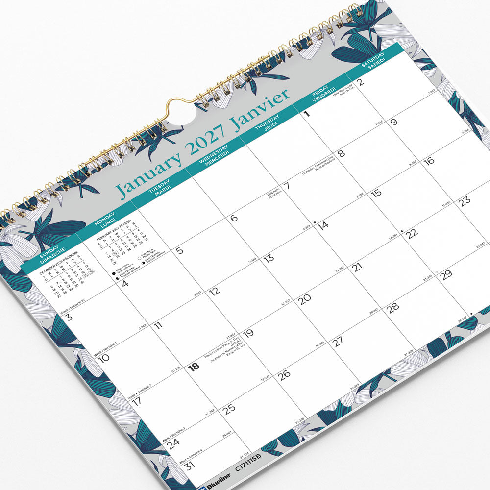 Monthly Wall Calendar, Garden, Bilingual, 2027 C171115B-27 Blueline C171115B