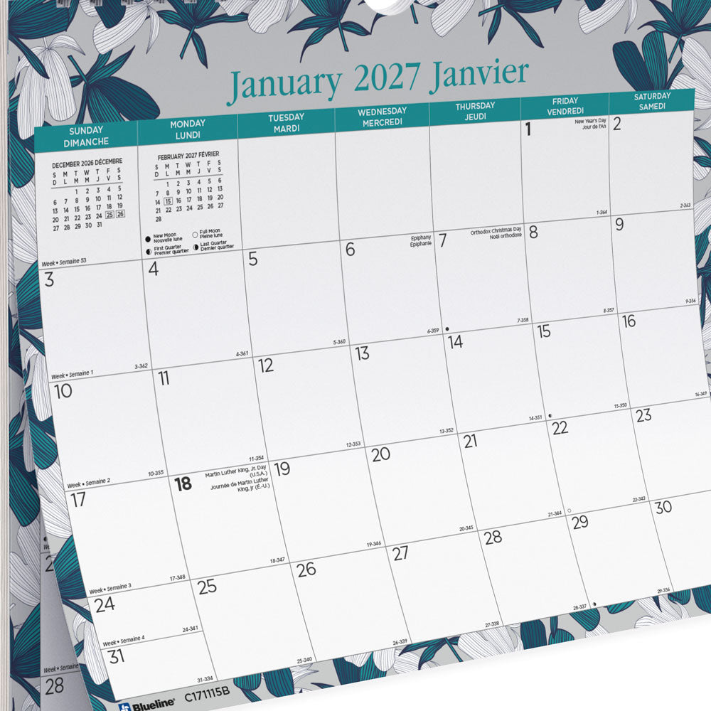 Monthly Wall Calendar, Garden, Bilingual, 2027 C171115B-27 Blueline C171115B