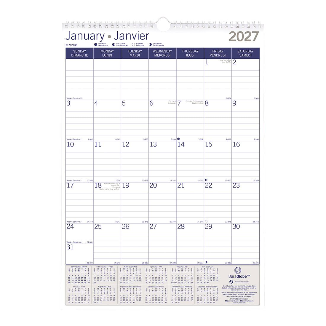 Monthly Wall Calendar, DuraGlobe™, Bilingual, 2027 C171203B-27 Blueline C171203B