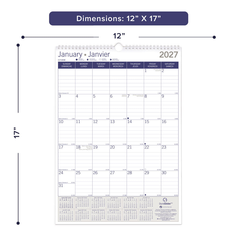 Monthly Wall Calendar, DuraGlobe™, Bilingual, 2027 C171203B-27 Blueline C171203B