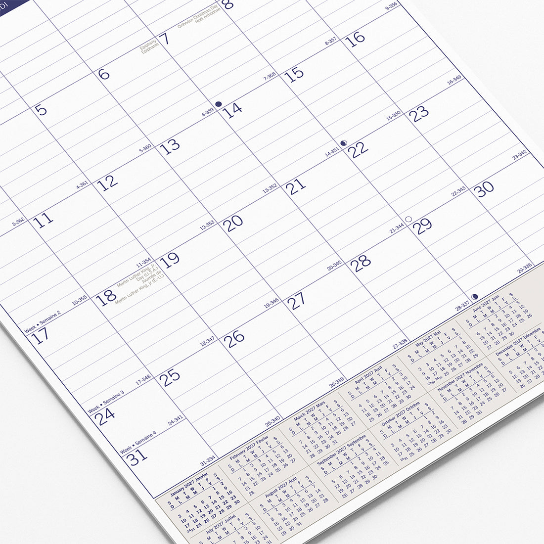 Monthly Wall Calendar, DuraGlobe™, Bilingual, 2027 C171203B-27 Blueline C171203B