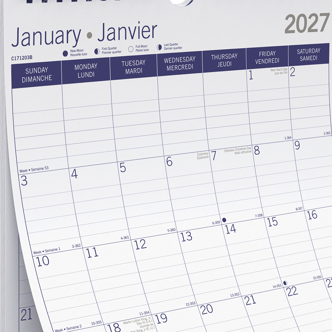 Monthly Wall Calendar, DuraGlobe™, Bilingual, 2027 C171203B-27 Blueline C171203B