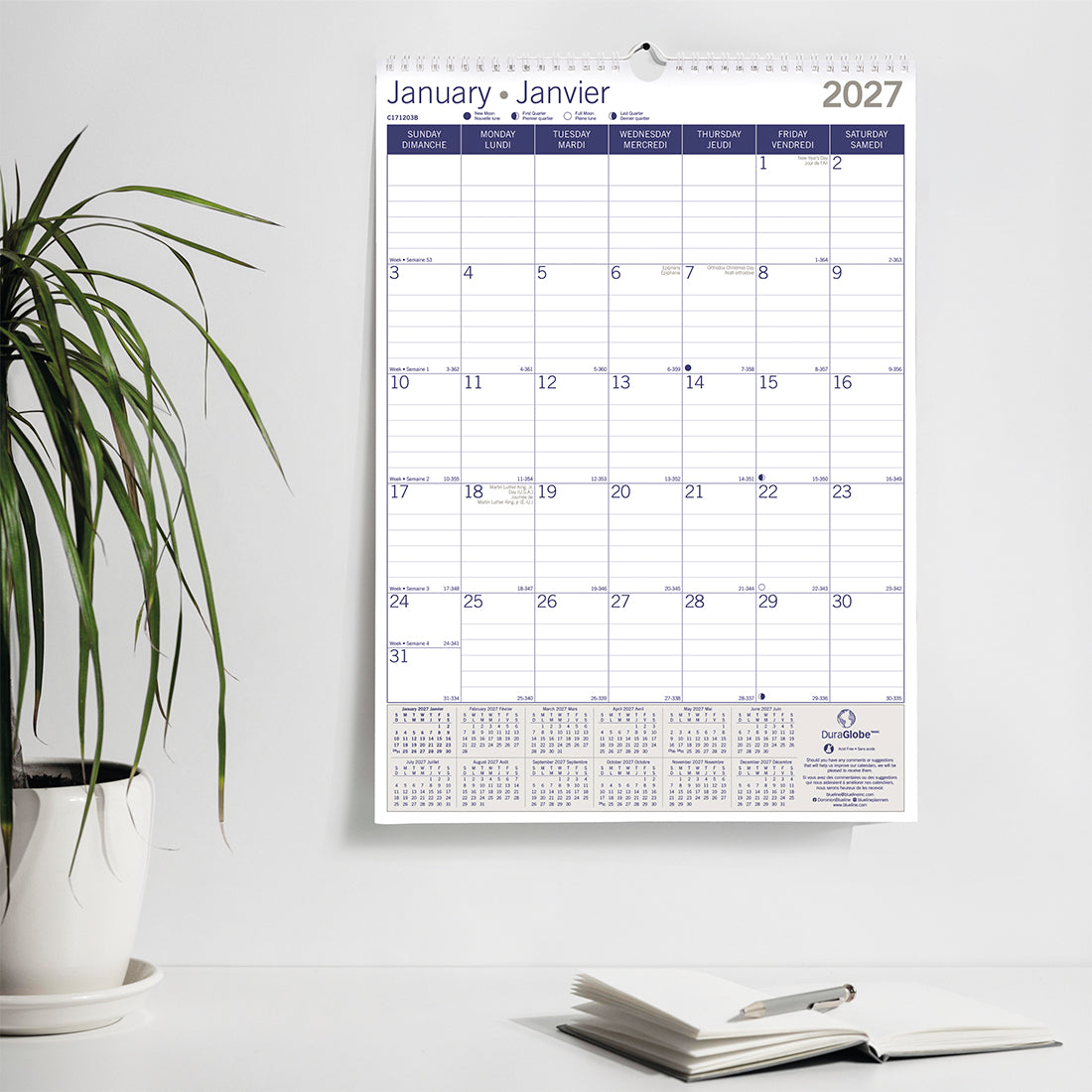 Monthly Wall Calendar, DuraGlobe™, Bilingual, 2027 C171203B-27 Blueline C171203B
