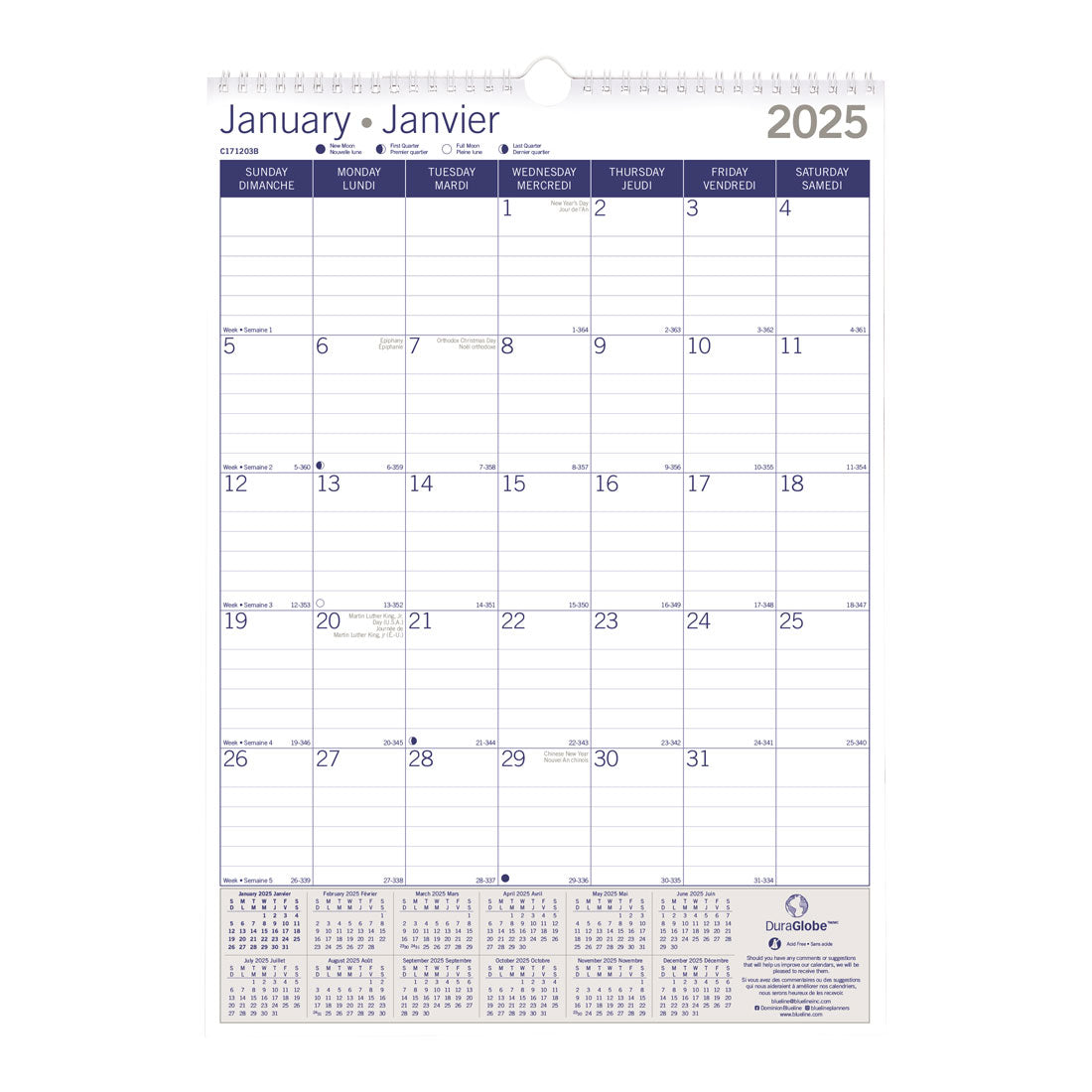 DuraGlobe™ Monthly Wall Calendar 2025, Bilingual, C171203B