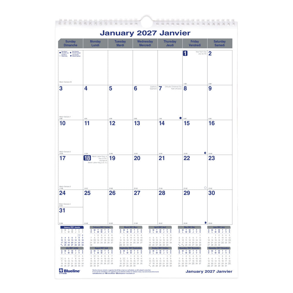 Monthly Wall Calendar, Net Zero Carbon™, Bilingual, 2027 C171303B-27 Blueline C171303B
