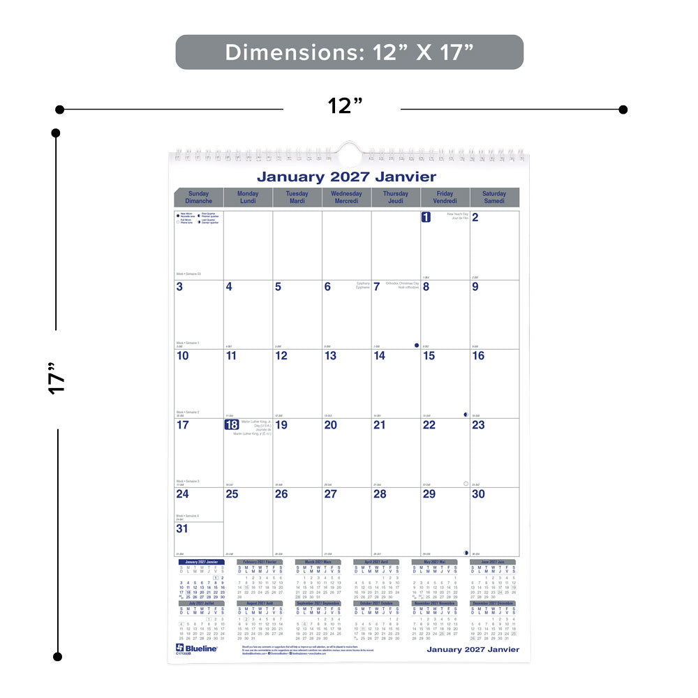 Monthly Wall Calendar, Net Zero Carbon™, Bilingual, 2027 C171303B-27 Blueline C171303B