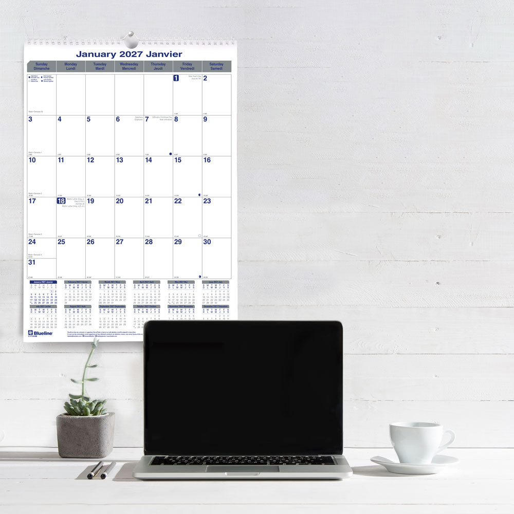 Monthly Wall Calendar, Net Zero Carbon™, Bilingual, 2027 C171303B-27 Blueline C171303B