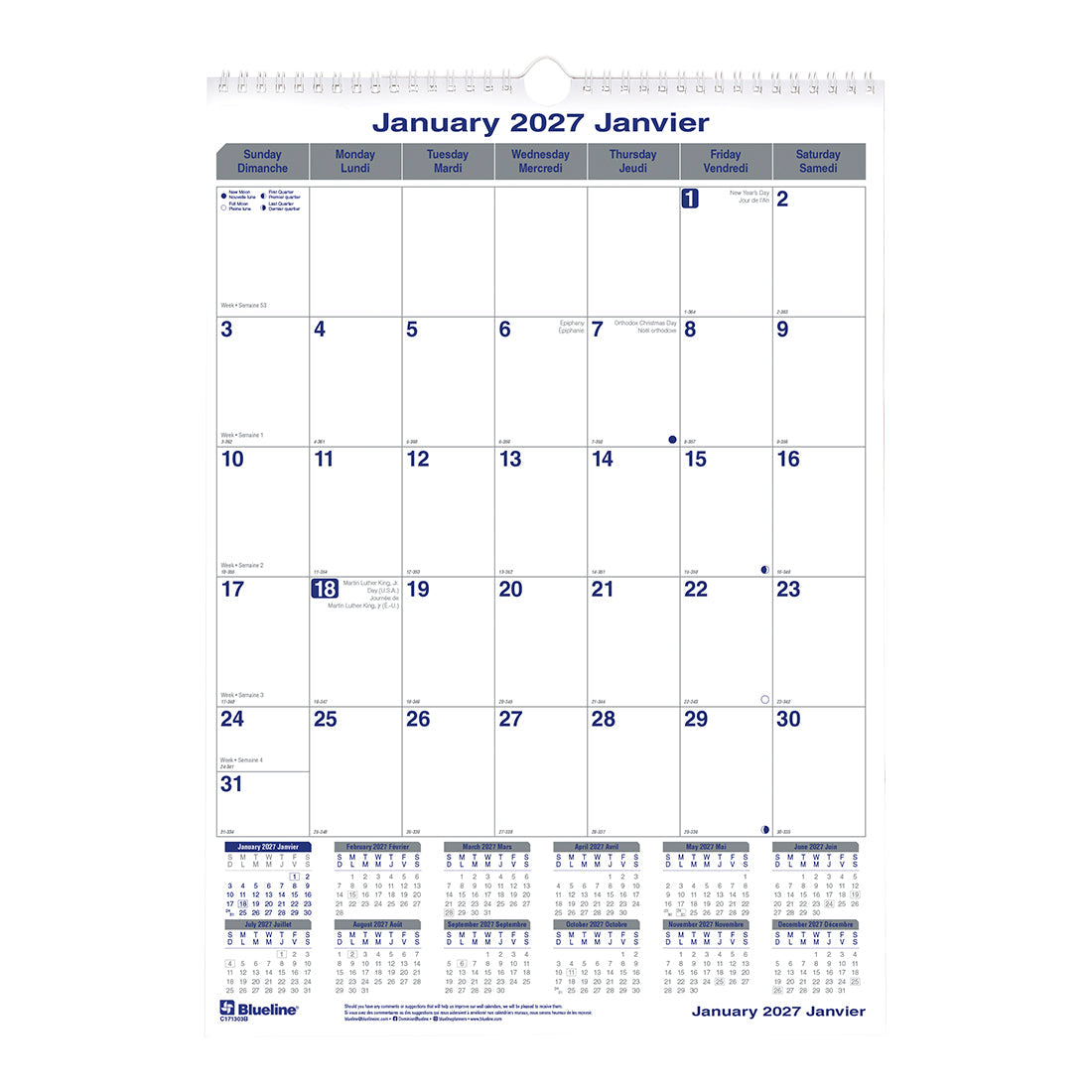 Monthly Wall Calendar, Net Zero Carbon™, Bilingual, 2027 C171303B-27 Blueline C171303B