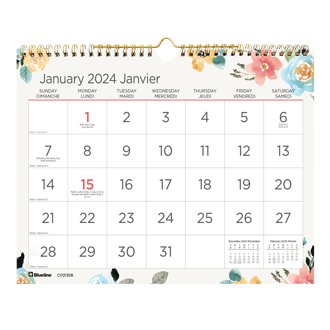 Spring Monthly Wall Calendar 2024, Bilingual - C172130B