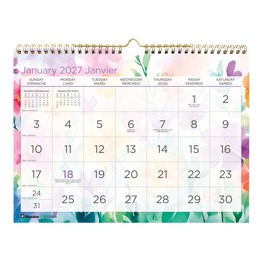Monthly Wall Calendar, Hibiscus Floral, Bilingual, 2027 Blueline C172130B-27