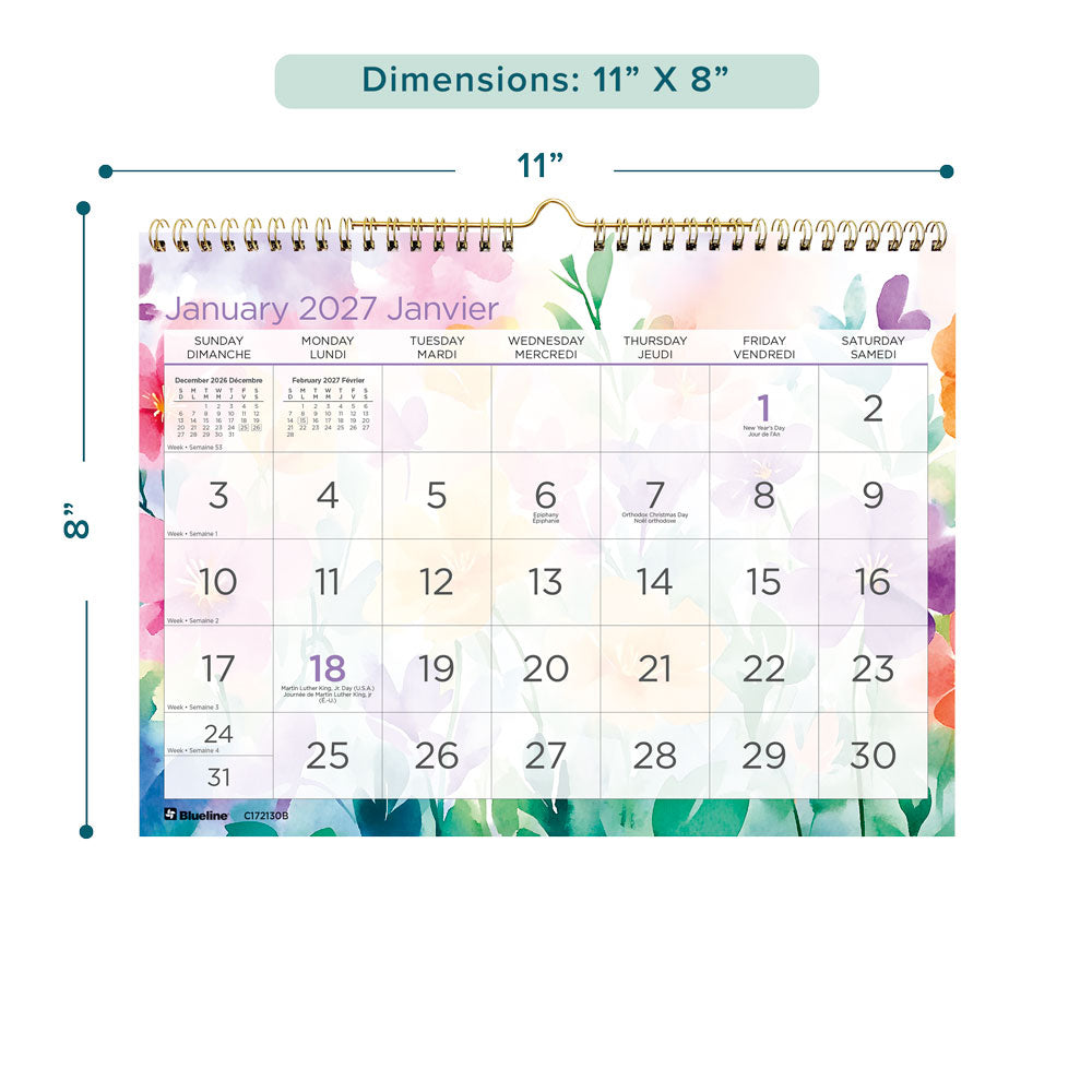 Monthly Wall Calendar, Hibiscus Floral, Bilingual, 2027 Blueline C172130B-27