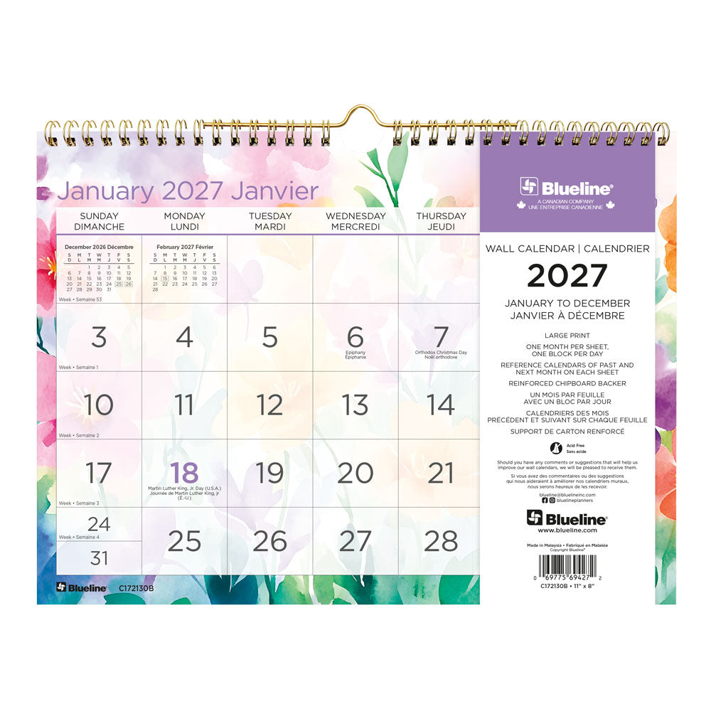 Monthly Wall Calendar, Hibiscus Floral, Bilingual, 2027 Blueline C172130B-27