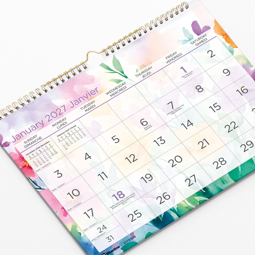 Monthly Wall Calendar, Hibiscus Floral, Bilingual, 2027 Blueline C172130B-27