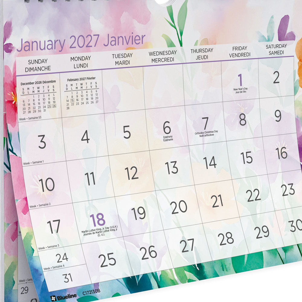 Monthly Wall Calendar, Hibiscus Floral, Bilingual, 2027 Blueline C172130B-27
