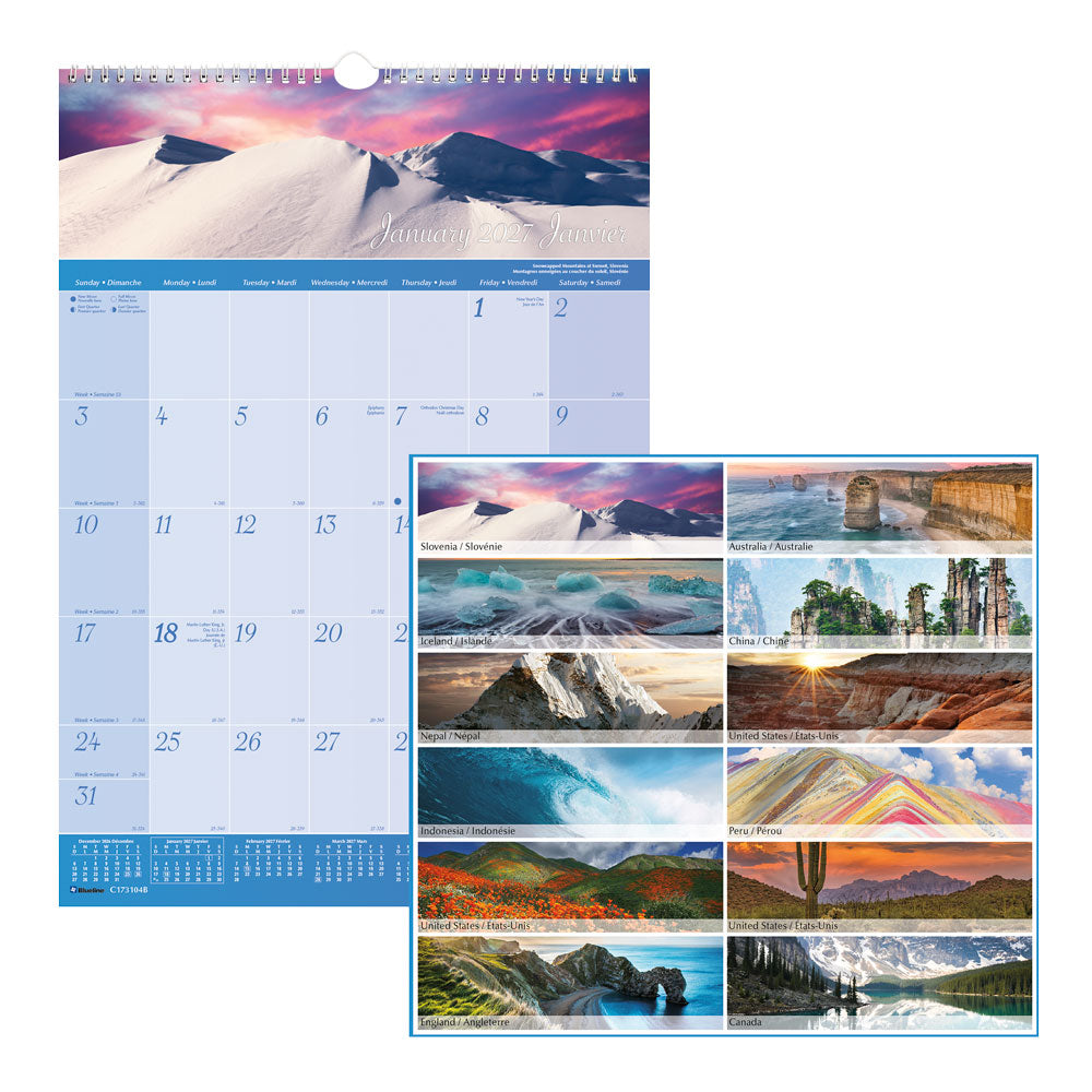 Monthly Wall Calendar, World Panoramas, Bilingual, 2027 C173104B-27 Blueline C173104B
