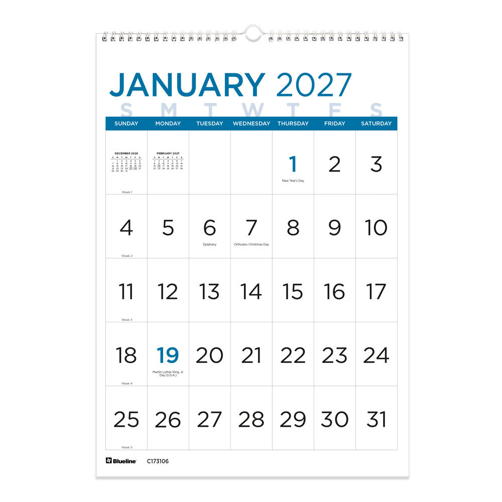 Monthly Wall Calendar, Large Print, 2027 C173106-27 Blueline C173106