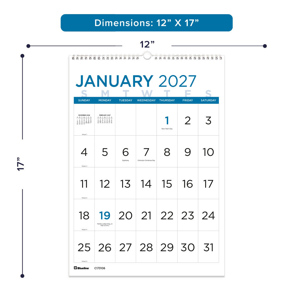 Monthly Wall Calendar, Large Print, 2027 C173106-27 Blueline C173106