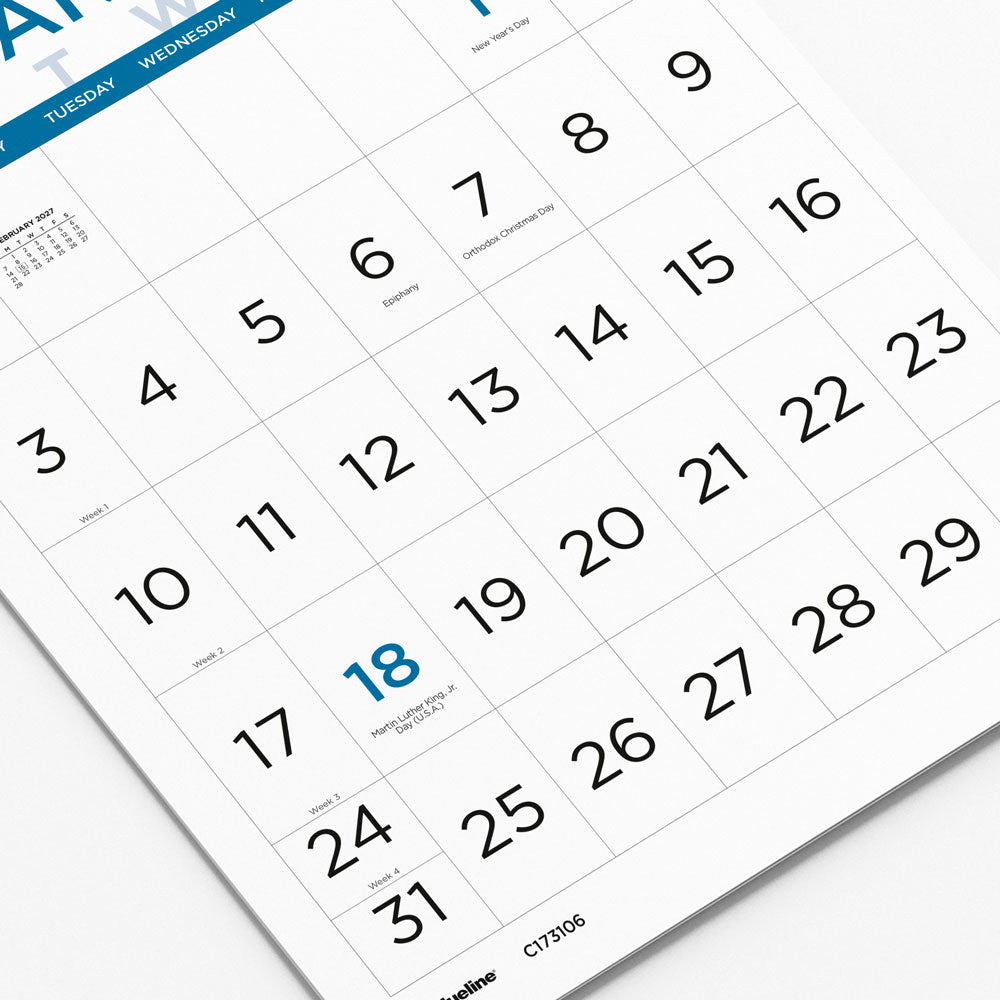 Monthly Wall Calendar, Large Print, 2027 C173106-27 Blueline C173106