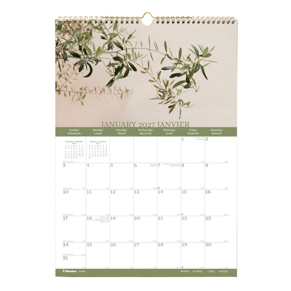 Monthly Wall Calendar, Minimalist, Bilingual, 2027 C173121B-27 Blueline C173121B