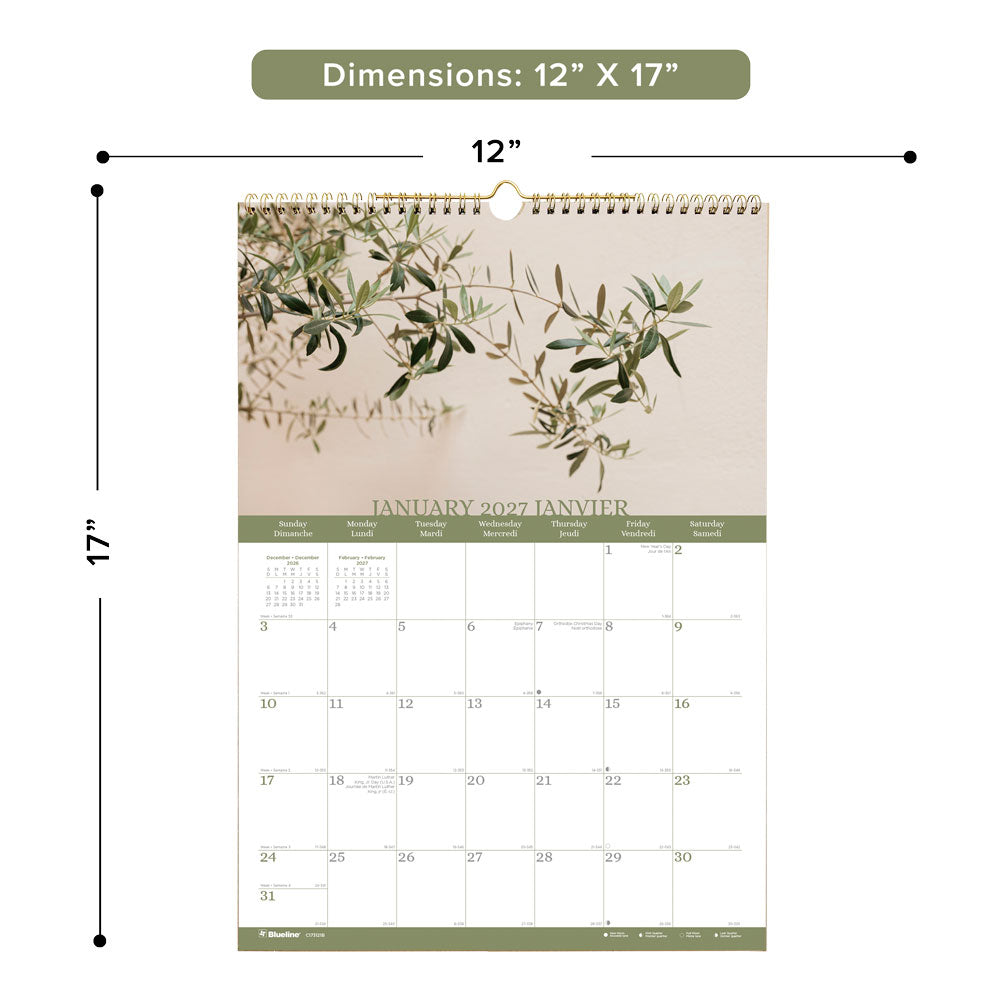 Monthly Wall Calendar, Minimalist, Bilingual, 2027 C173121B-27 Blueline C173121B