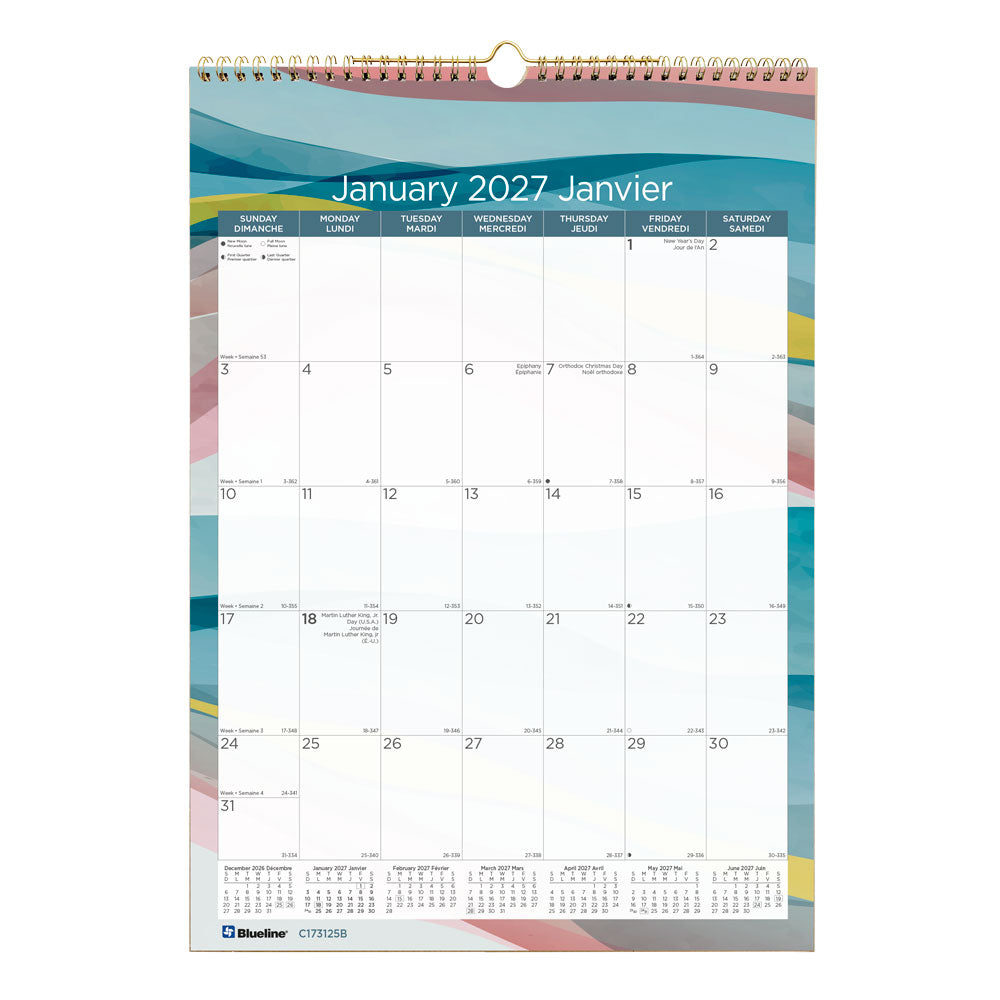 Monthly Wall Calendar, Azure, Bilingual, 2027 C173125B-27 Blueline C173125B