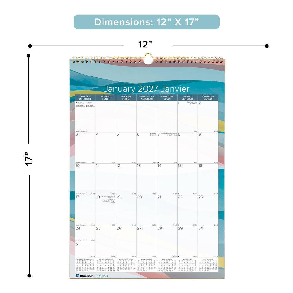 Monthly Wall Calendar, Azure, Bilingual, 2027 C173125B-27 Blueline C173125B