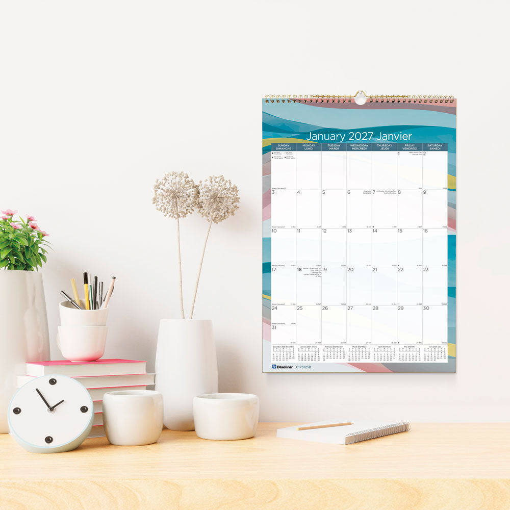 Monthly Wall Calendar, Azure, Bilingual, 2027 C173125B-27 Blueline C173125B