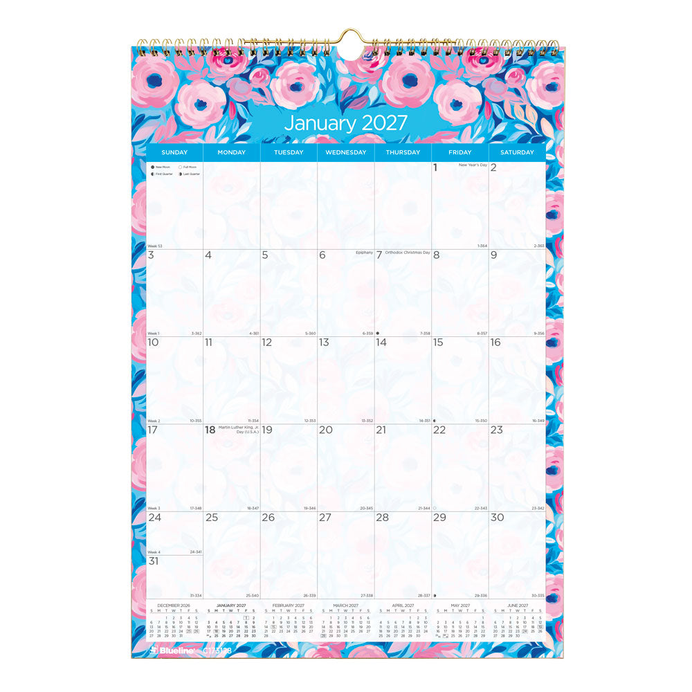 Monthly Wall Calendar, Floral, English, 2027 C173128-27 Blueline C173128